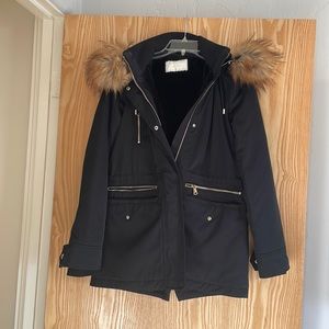 Zara black coat with faux fur hood zip up